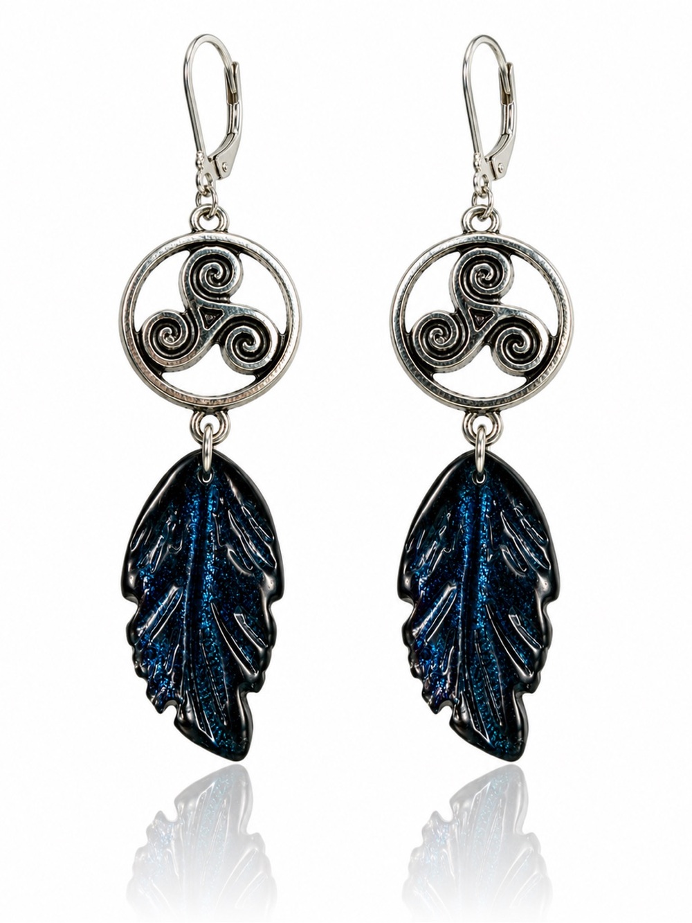 Celtic Triskelion Leaf Earrings | Iridescent Glass Dangles | Premium Leverbacks - Picture 6 of 9